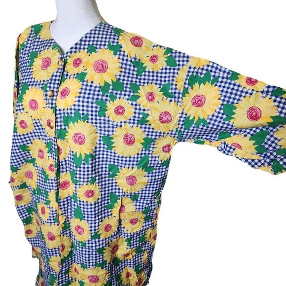 Vintage 90s Long Sleeve Kaftan Dress Gingham Sunflowers Womens Size 2XL Blue Yel - Picture 2 of 6